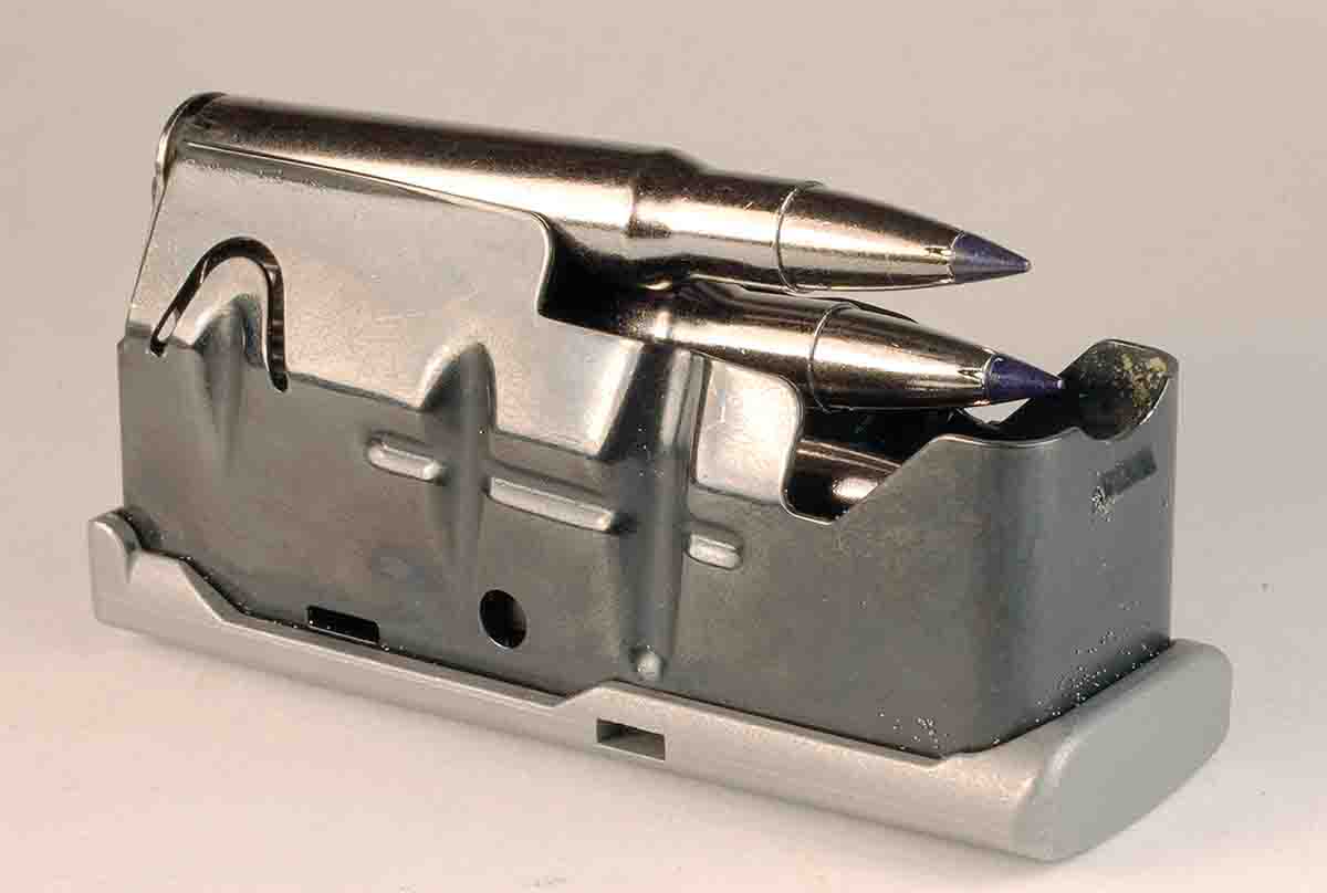 The Model 110’s detachable magazine holds four .30-06 cartridges. The steel magazine locks in the stock’s magazine well with front and rear spring-loaded steel retainers.